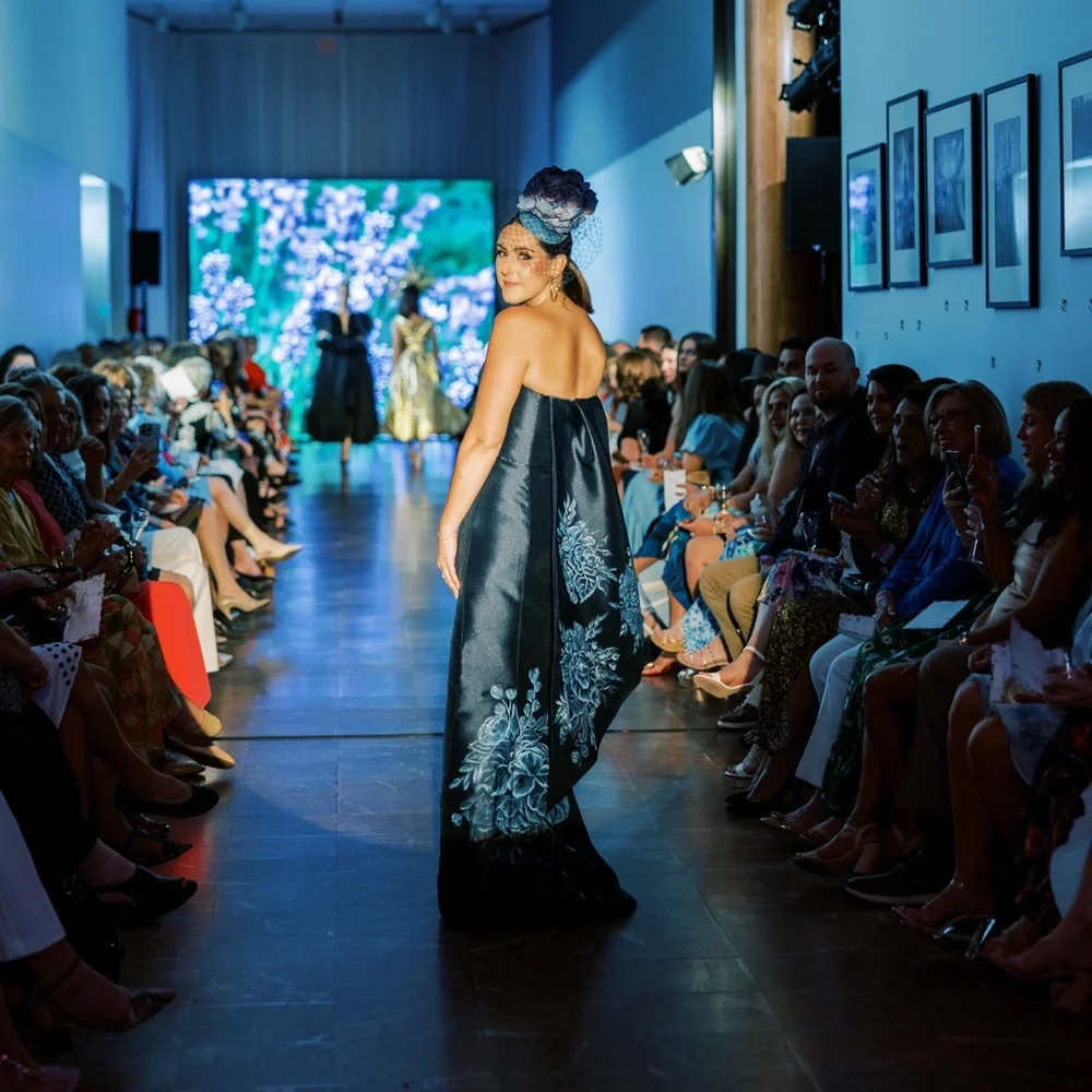 One of a Kind Hand Painted Amsale Silk Navy Gown - Picture 5 of 6